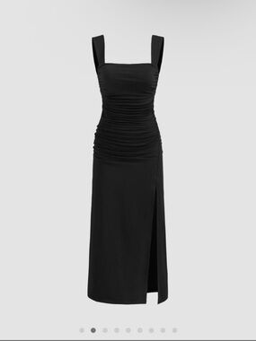 Cider Black Ruched Midi Dress with Side Slit